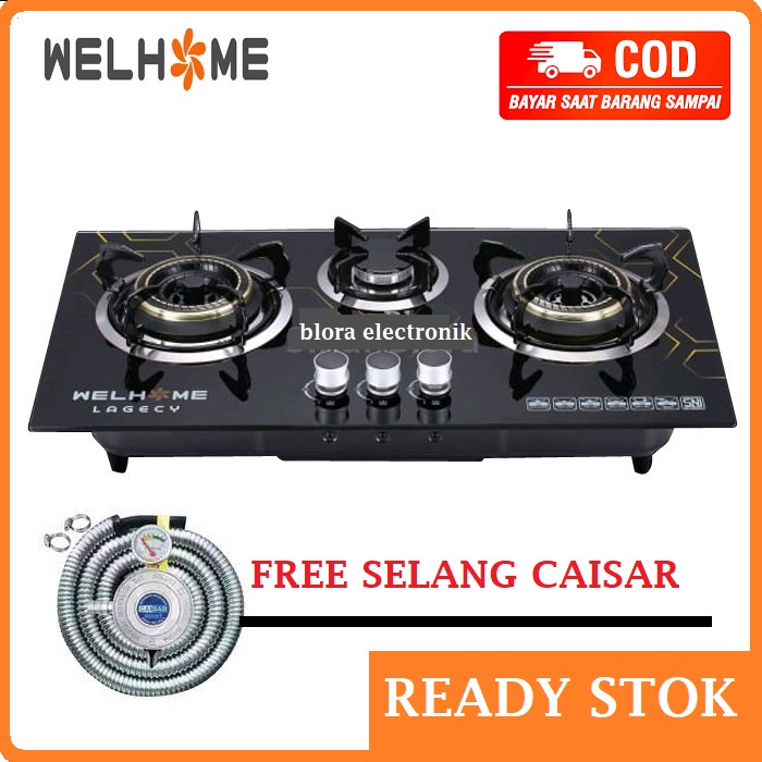 Kompor Gas WELHOME Kompor Gas Kaca 3 Tungku Kompor Tanam + Selang Paket Regulator