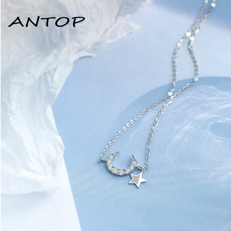 Kalung Rantai Sterling Silver Dengan Liontin Bulan + Bintang Untuk Wanita ANTOP