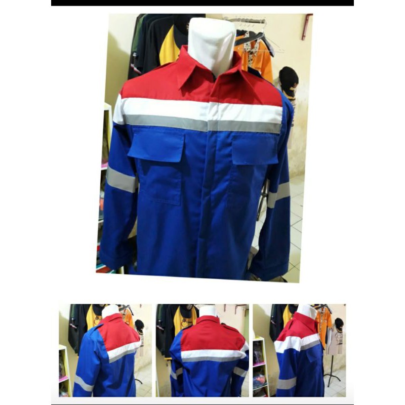 BAJU SERAGAM SAFETY PERTAMINA BIRU MERAH PUTIH FREE LOGO K3 BENDERA DRILL RESLETING