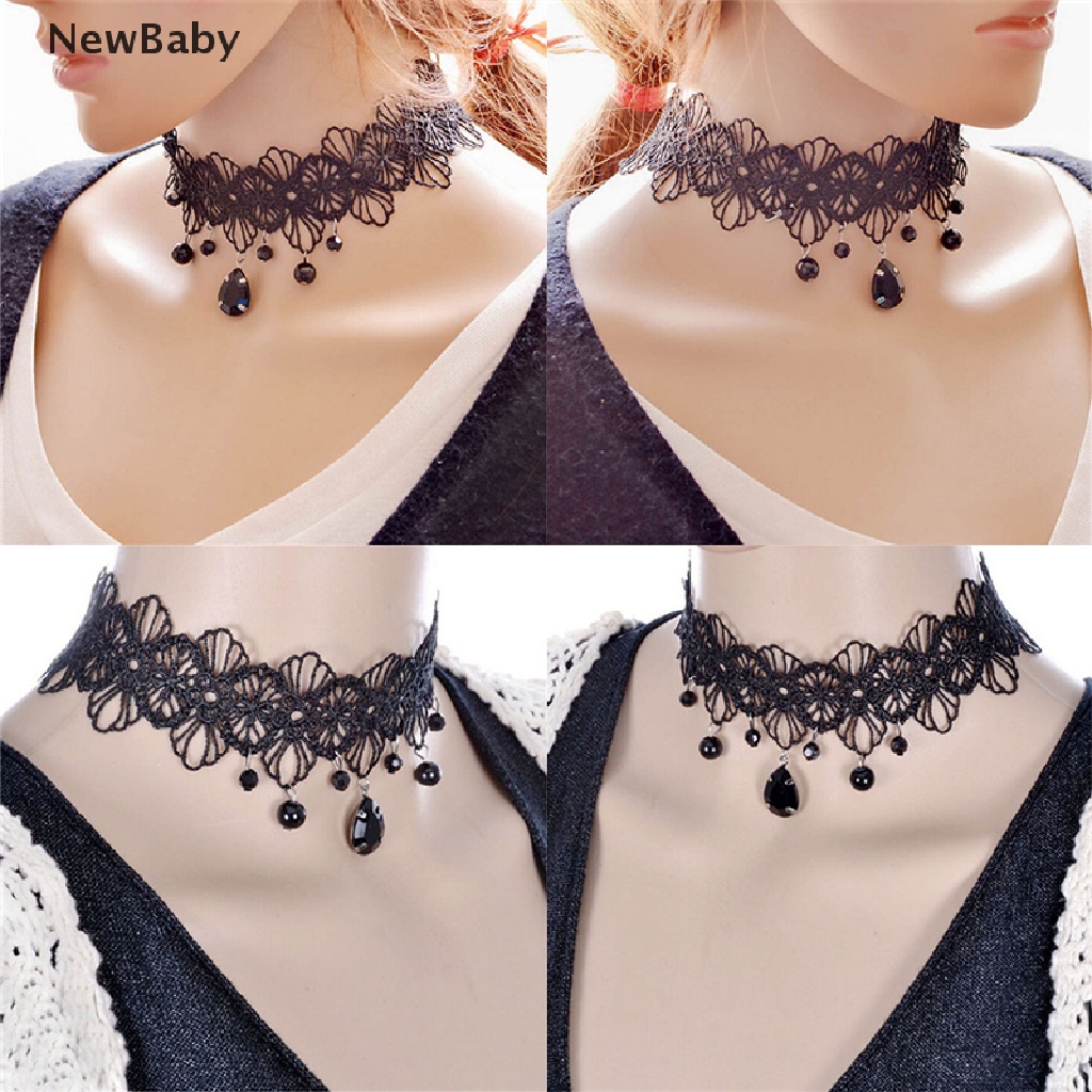 Kalung Choker Bahan Lace Warna Hitam Dengan Liontin Bunga Gaya Gothic Retro Untuk Perhiasan