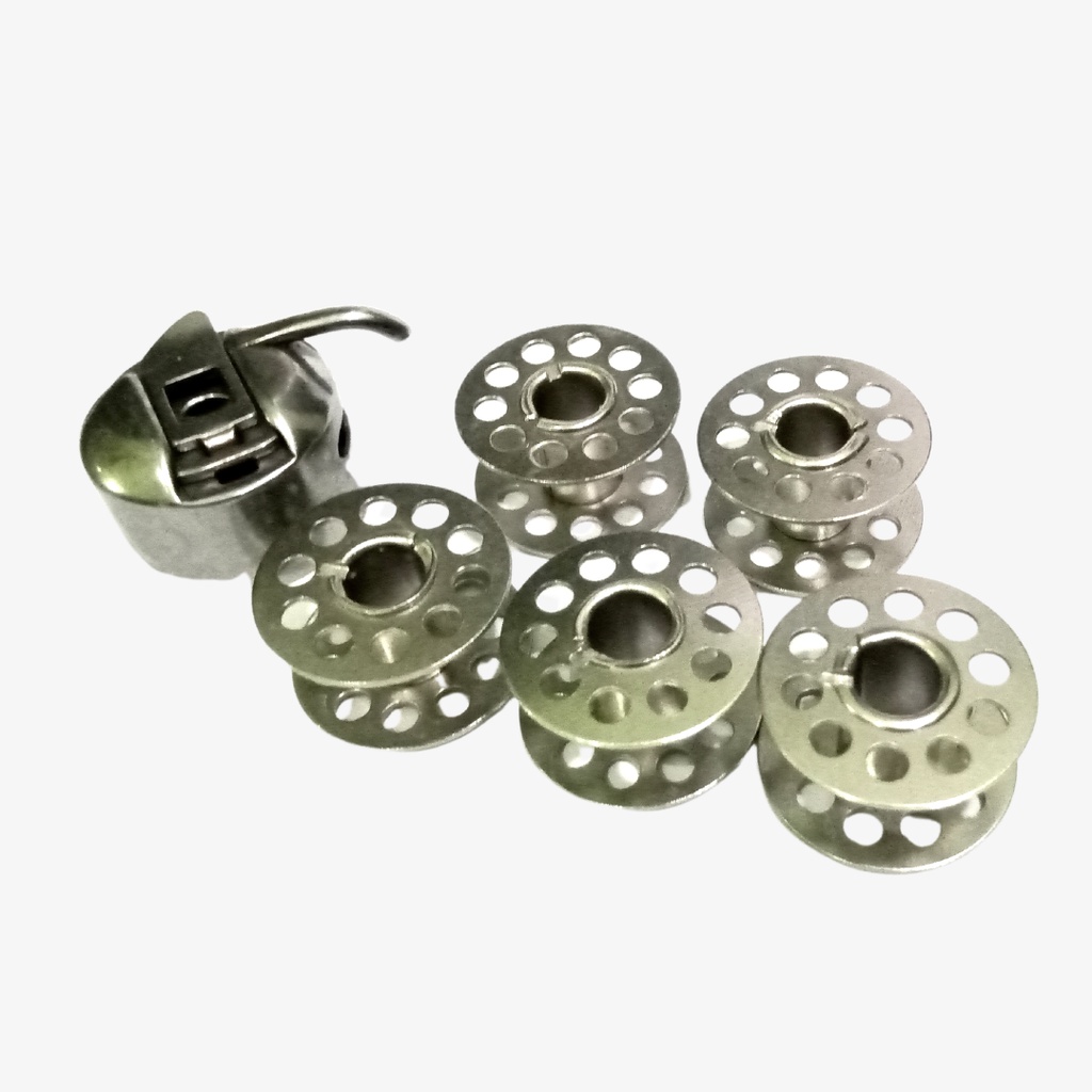 paket sekoci dan 5 pcs bobbin spool mesin jahit hitam jadul klasik merk butterfly singer