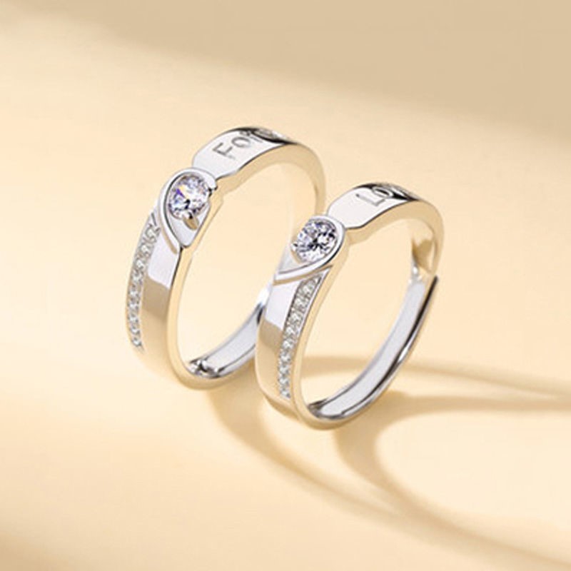 2pcs Cincin Zircon Silver Plated Desain Hati Forever Gaya Klasik Untuk Pria Dan Wanita