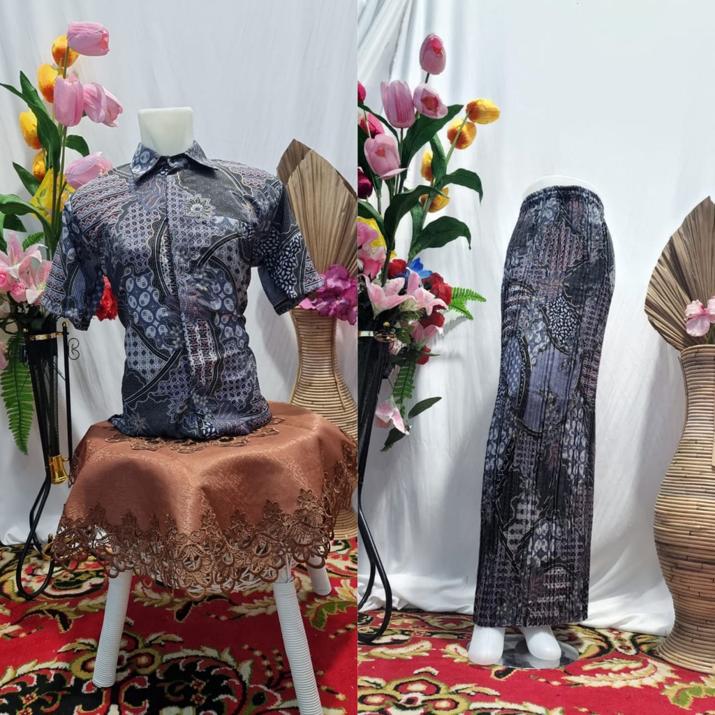 Gallery kebaya - Couple rok plisket mix kemeja pendek motif coin