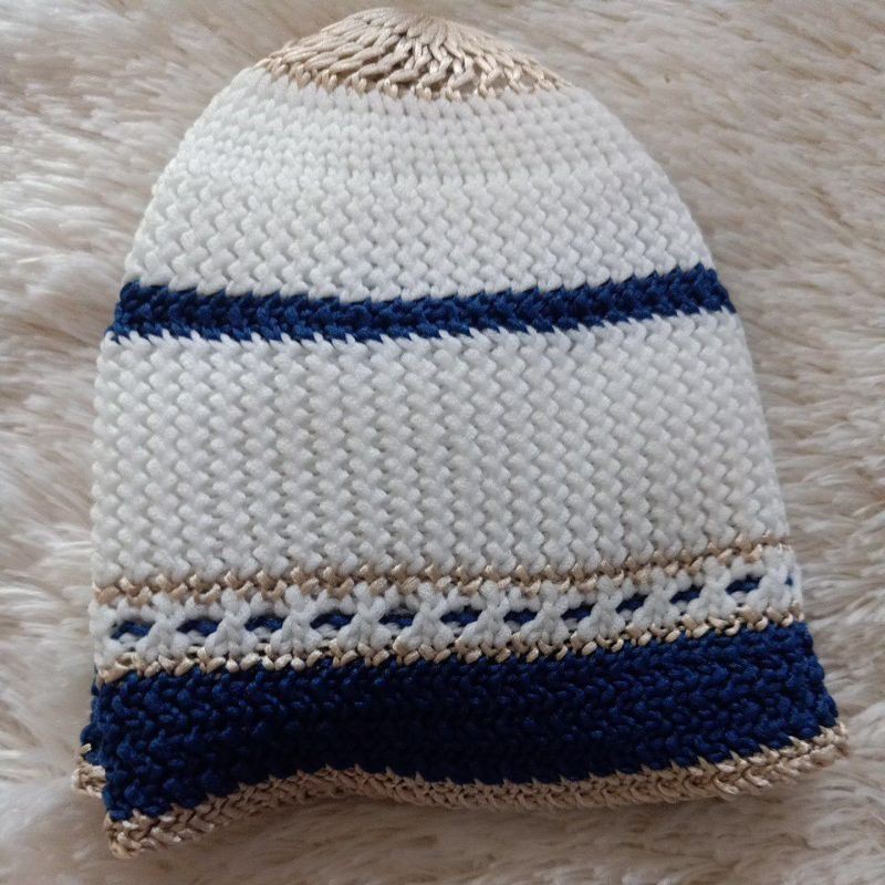 Peci Haji Umroh Rajut Premium Nanas Tebal Polos Dewasa Anak Bayi Songkok Motif Songkok Mercan Sablon-Putih biru