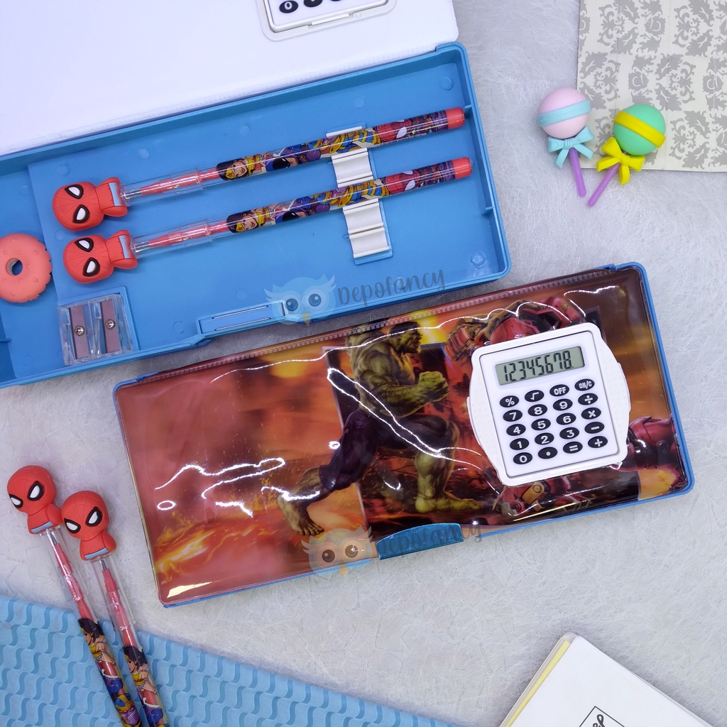 PROMO !! Tempat Pensil Magnet 1628 Karakter + Kalkulator + Rautan 2 Lubang BONUS MECHANIC PENSIL-8