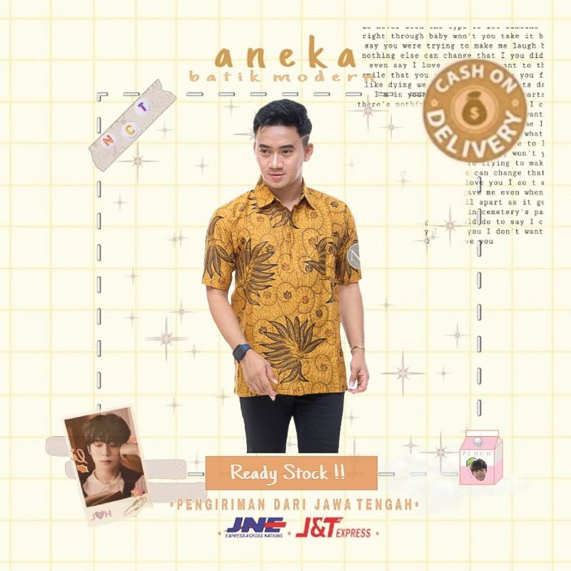 ATASAN HEM BATIK COWOK LENGAN PENDEK MOTIF DAUN SIMPLE WARNA ABU GREY KUNING KECOKLATAN M L XL XXL B