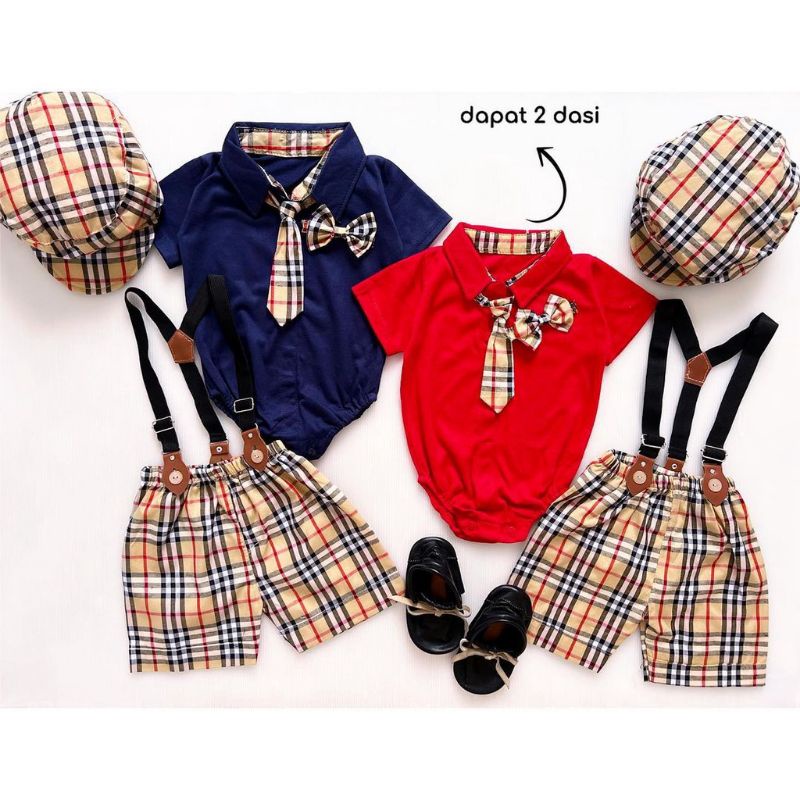 [3-18M] 6in1 Baju setelan jumper celana dasi pergi jalan lucu bestseller fashion anak bayi cowok murah / setelan jumper tuxedo 6in1 set jumper baby boy lucu / hampers baby cowok murah / setelan jumper bayi suspender topi dasi