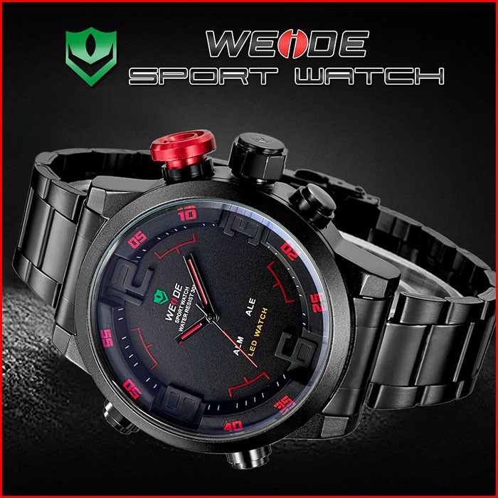 Jam Tangan Pria Weide BLACK Dual Time Zone Original Waterproof