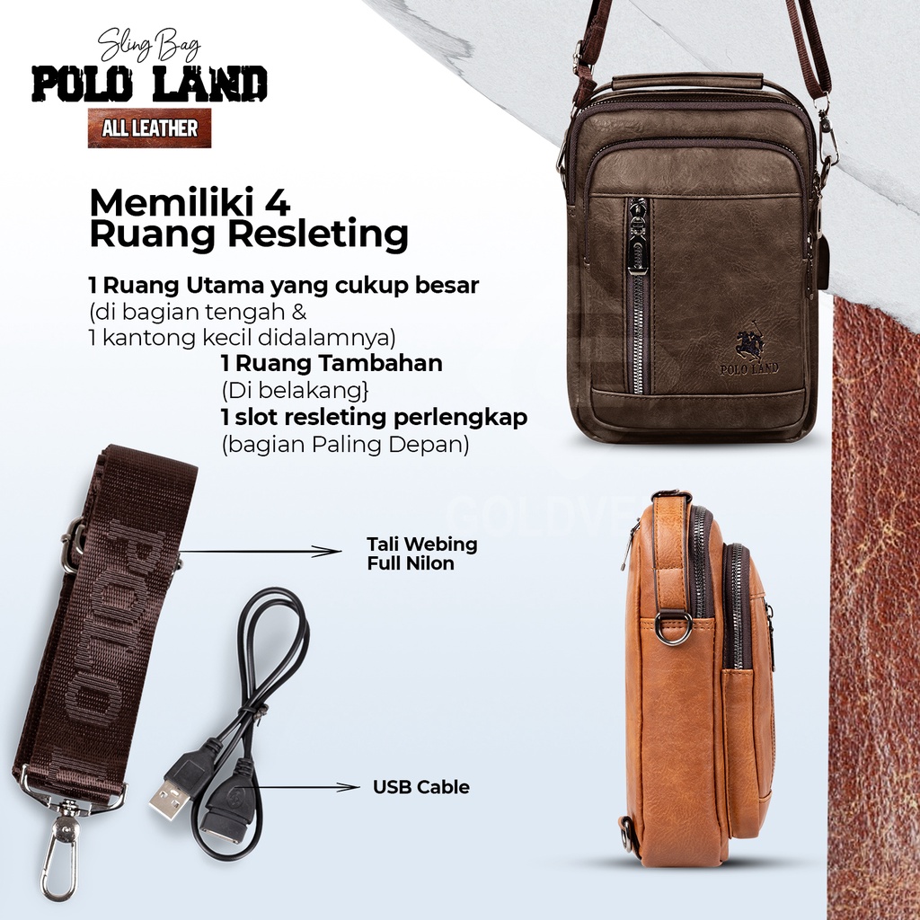 Tas Selempang Pria Kulit Slempang Pria Slingbag Cowok POLO LAND MULTIFUNGSI + FREE KABEL USB - Distributor