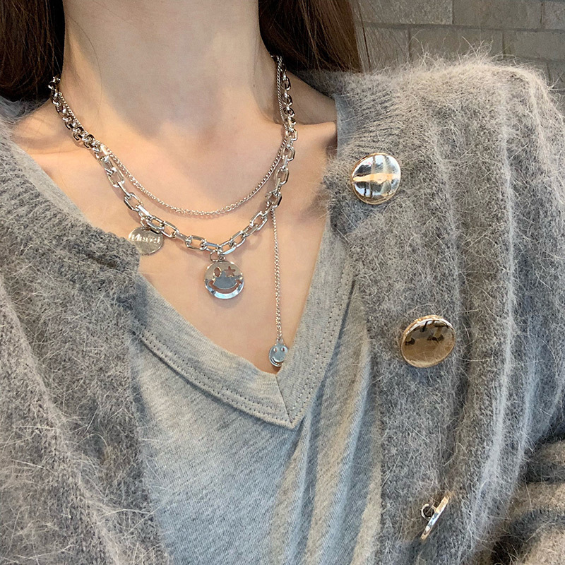 Korean Silver Chain Emoji Necklace Female Hip Hop Double Pendant