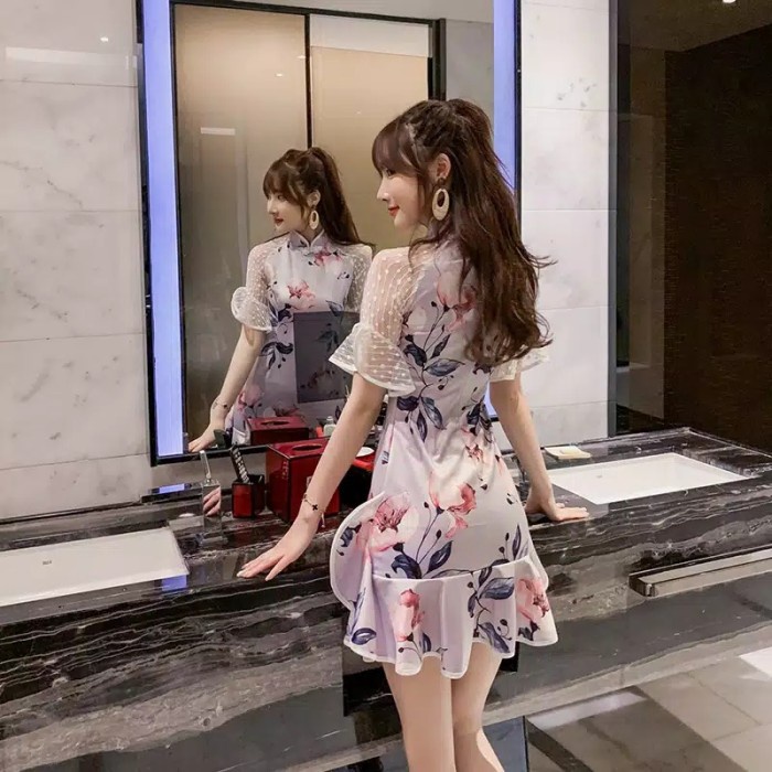 Baju Tidur - Tulip Cheongsam Floral Modern Cny Lingerie Sexy Mini Dress Imlek