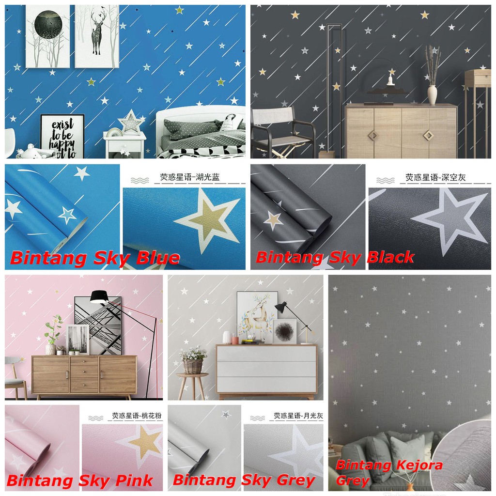 WALLPAPER DINDING Motif BINTANG STAR BIRU GREY HITAM PINK PUTIH