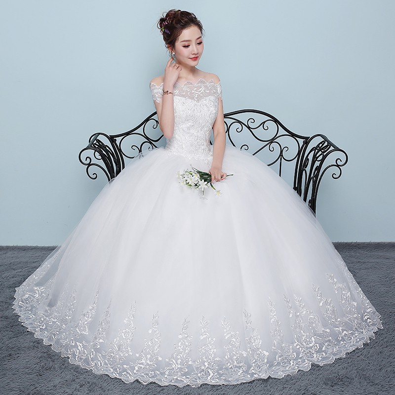 White Simple Off Shoulder Lace Maxi Wedding Dress Bridal Ball Gown Party Dress