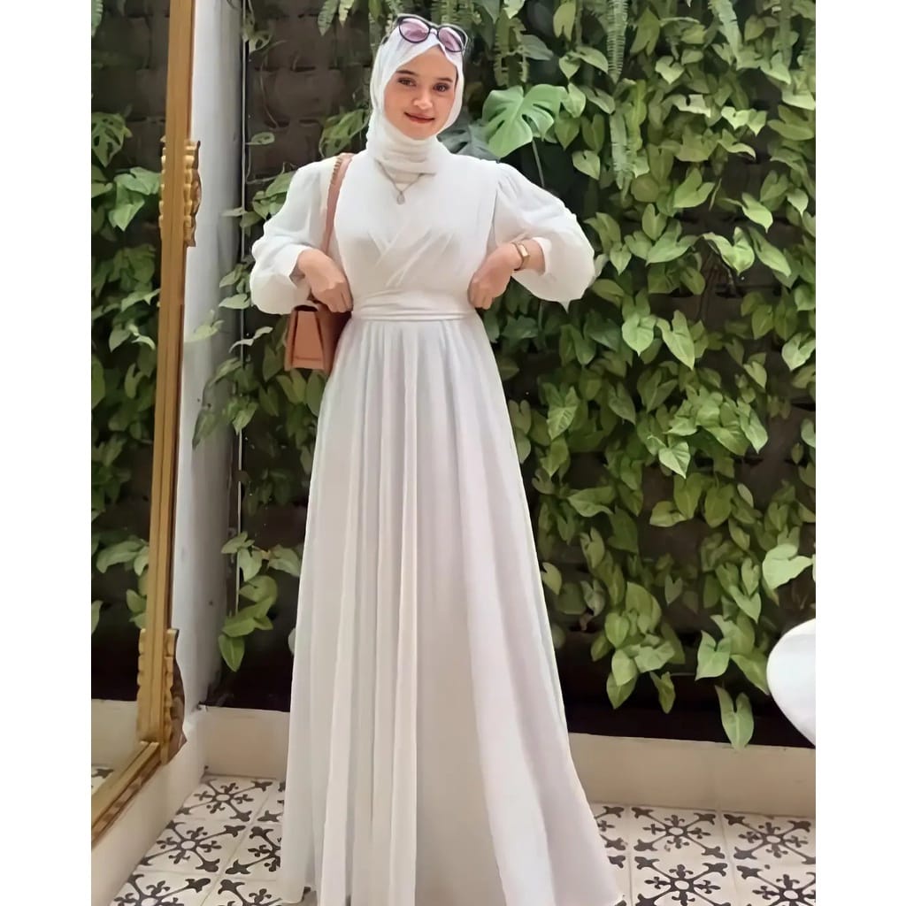 Gamis Malaysia Terbaru 2022 Aliyah | Dress busana muslim | syar'i |gamis wanita | fashion wanita | aju gamis Remaja Dewasa untuk kondangan Bahan Ceruty Armani Babydoll Premium  Oversize-WHITE