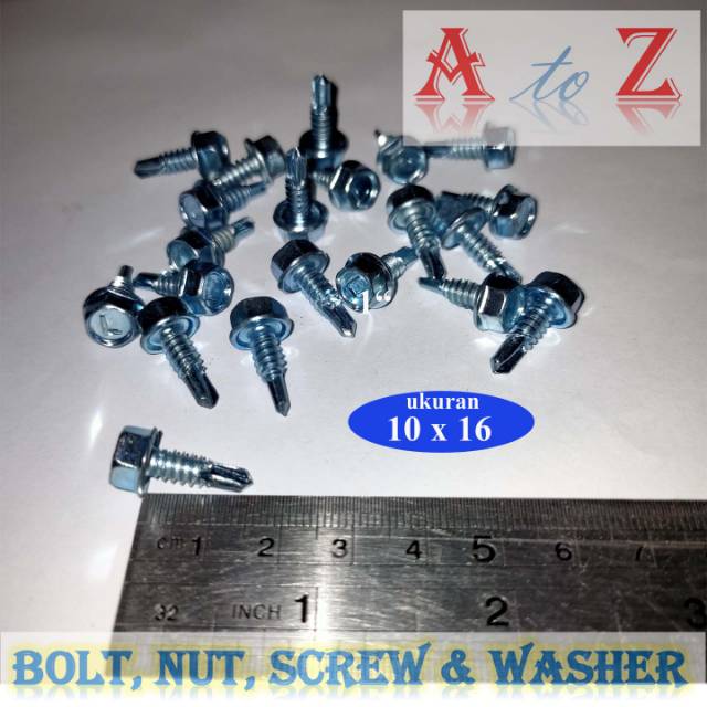 Baut baja ringan (L) 10 x 16 mm (100pcs)/atap/skrup/sekrup taso/driling/roofing 10 x 16mm