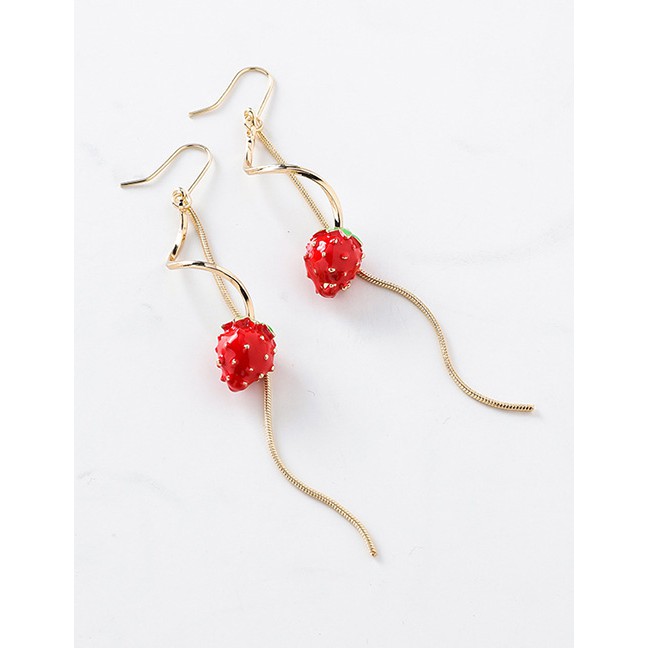 LRC Anting Gantung Fashion Gold Wavy Lines Fringed Small Strawberry Earrings D42769