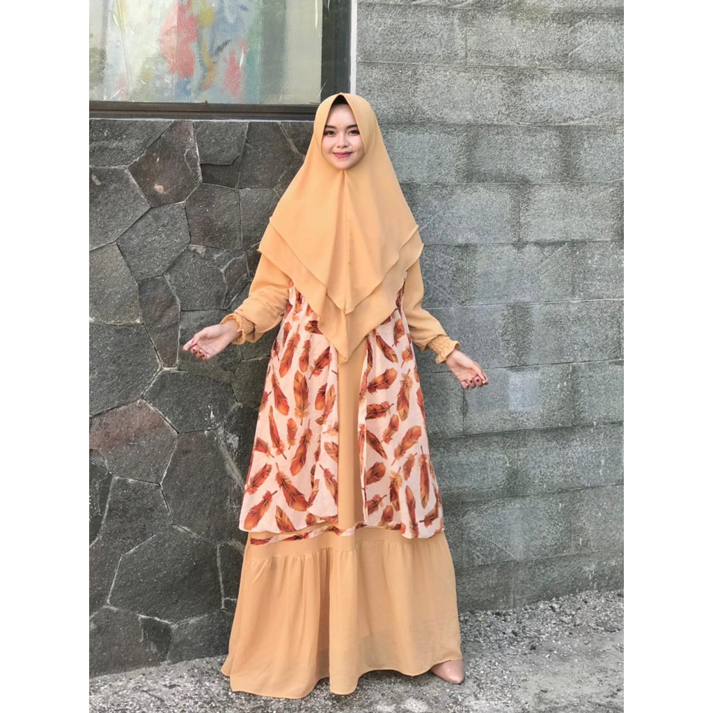 Gamis ceruty babydoll INARA set khimar motif printing outer bisa dilepas busana wanita muslim style terkini terbaru