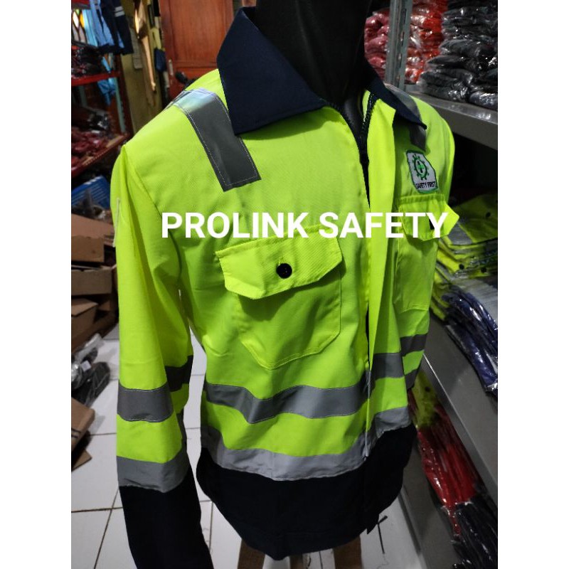 RESLETING BAJU SAFETY WEARPACK SERAGAM KERJA TAMBANG HIJAU STABILO DONGKER NAVY BERLOGO K3 BENDERA