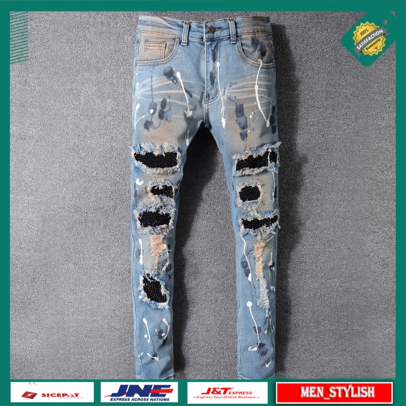 Celana Jeans Panjang Pria Retro Blue Dirty Wash Painted Designer Patchwork Punk Denim Trousers Hip H