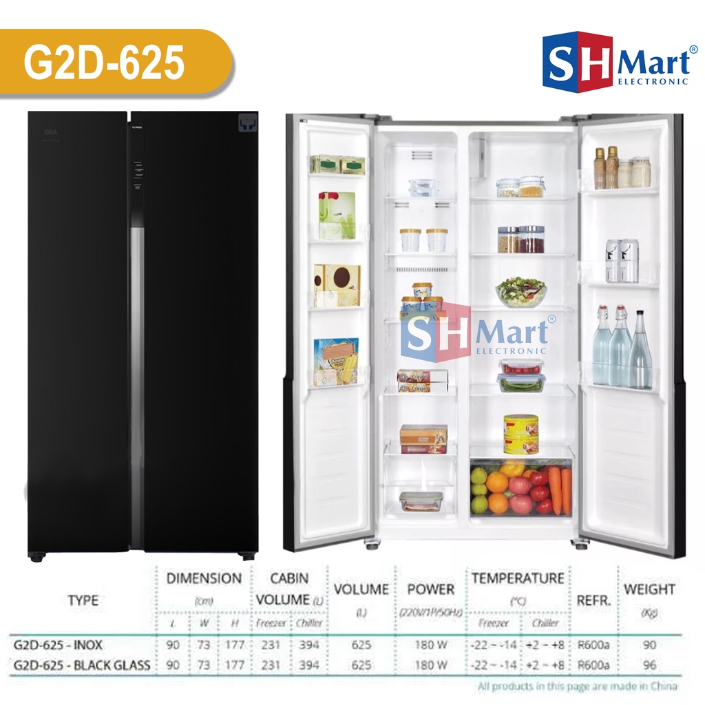 KULKAS SIDE BY SIDE GEA G2D-625 INOX G2D-625 BLACK KAPASITAS 625 LITER INVERTER GARANSI RESMI