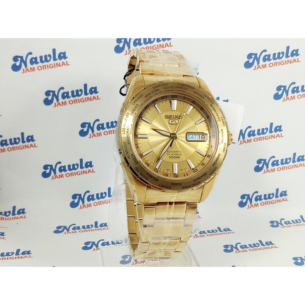 Seiko 5 Sports SNZG56K1 Gold IP World Time - Jam Tangan Pria SNZG56