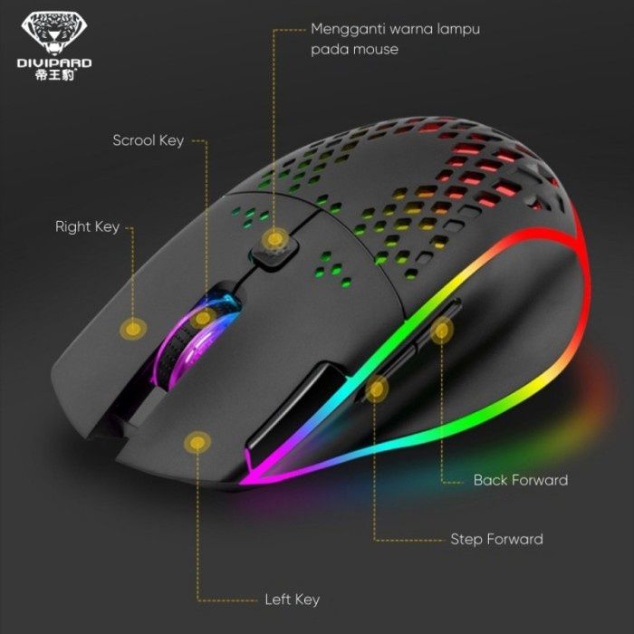 Mouse Gaming Wireless Charging Divipard Honey Comb Q15 RGB 7200 DPI