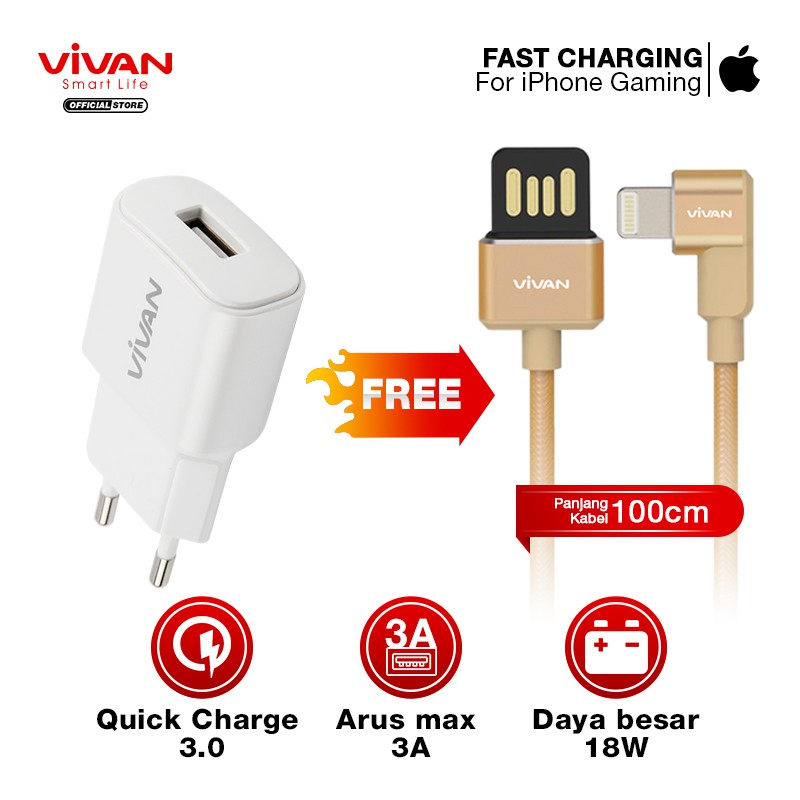 Charger Fast Charging VIVAN Casan USB Original (Power Oval 3.0) Free Kabel USB Micro/iPhone/Type C