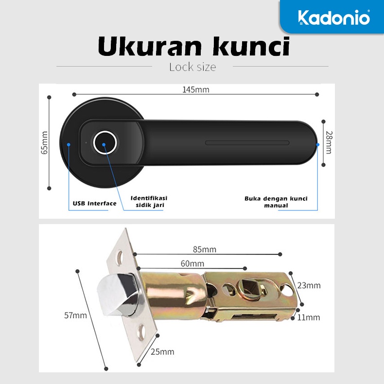 KADONIO kunci pintu sidik jari Handle Kunci Pintu Rumah Elektronik Fingerprint Security USB charge kunci pintu digital hendel pintu rumah