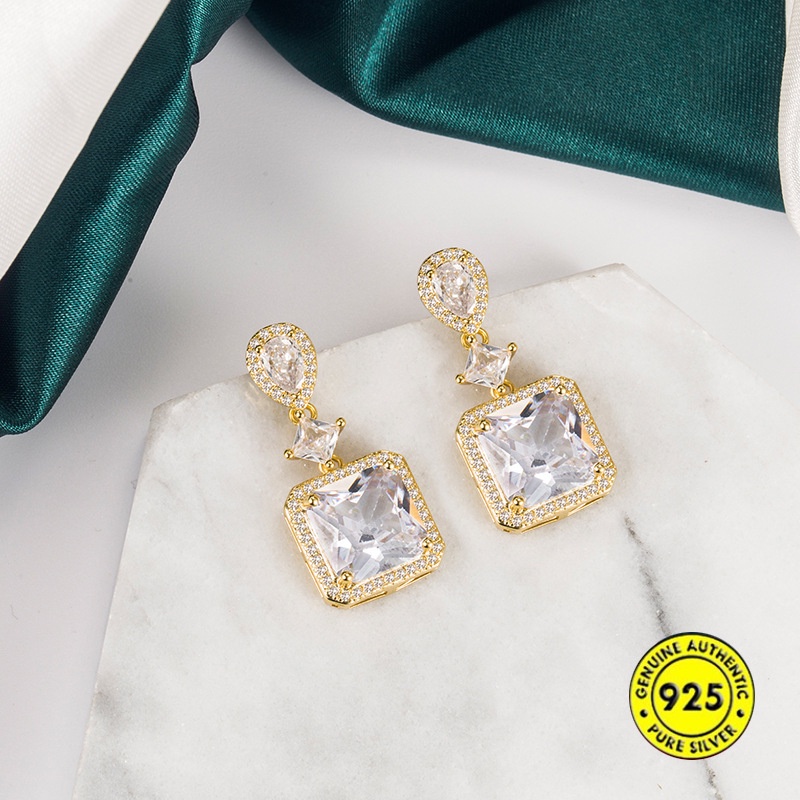 Anting Bahan Sterling Silver 18K Gold Bentuk Persegi Aksen Zircon