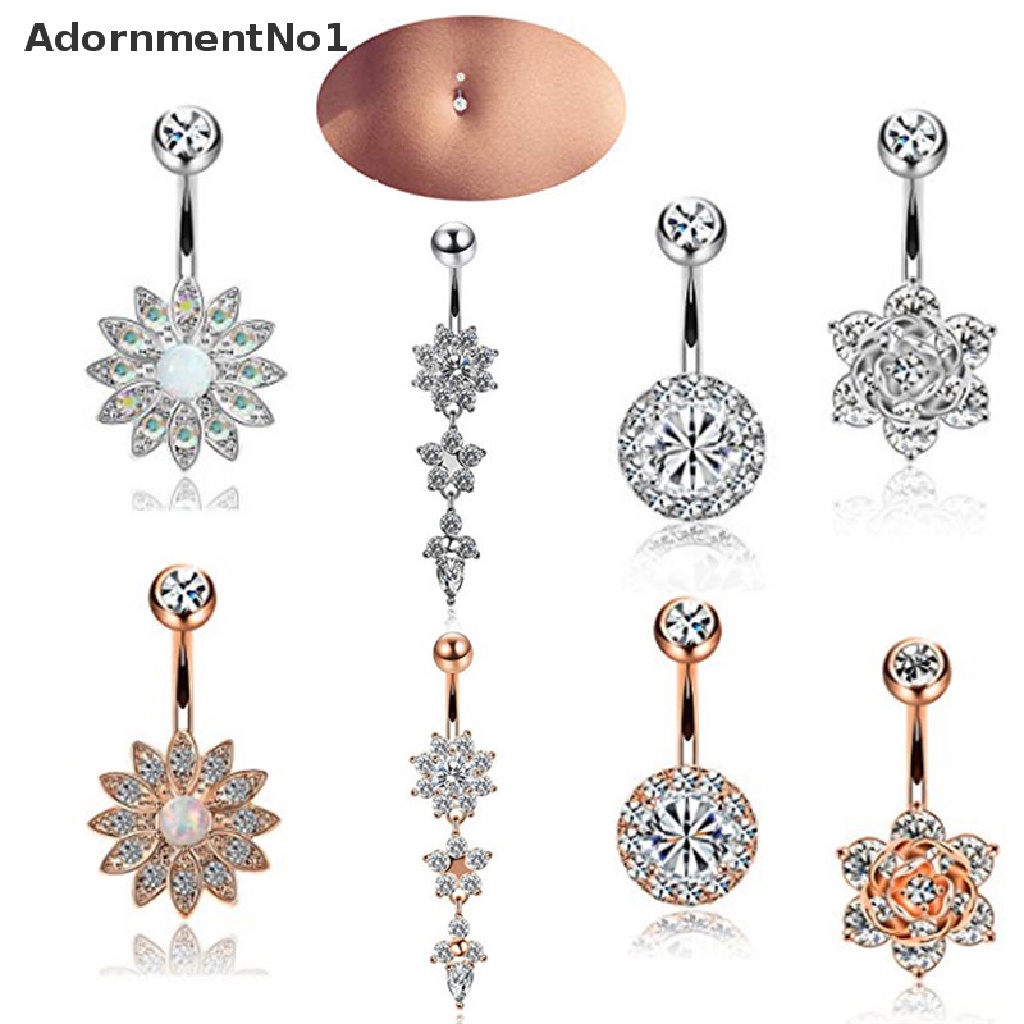 (AdornmentNo1) 6pcs / Set Anting Tindik Perut / Pusar Model Gantung Bahan Stainless Steel Hias Kristal Untuk Wanita