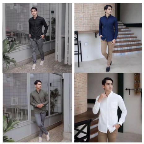 kemeja cowok polos lengan panjang slimfit hem pria kantor hitam navy putih maron army