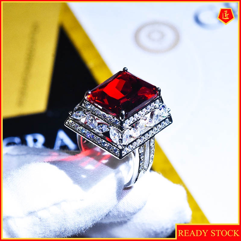 [Ready Stock]Natural Ruby Square Diamond Open Ring Creative Pagoda Shape