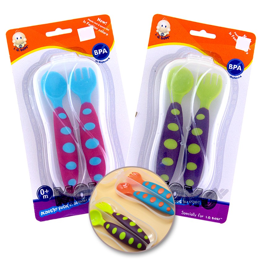 Iq Baby Plastic Fork &amp; Spoon Set in Case Sendok Makan