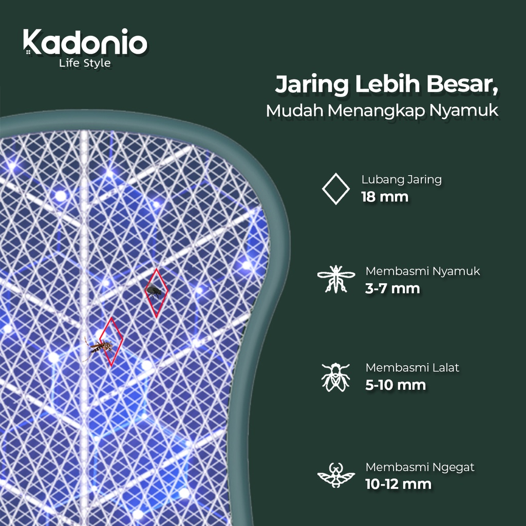 KADONIO Raket Nyamuk Listrik 2in1 Mosquito Swatter Lampu Nyamuk Elektrik Perangkap Nyamuk Lampu Ungu 1200mAh Usb Cas