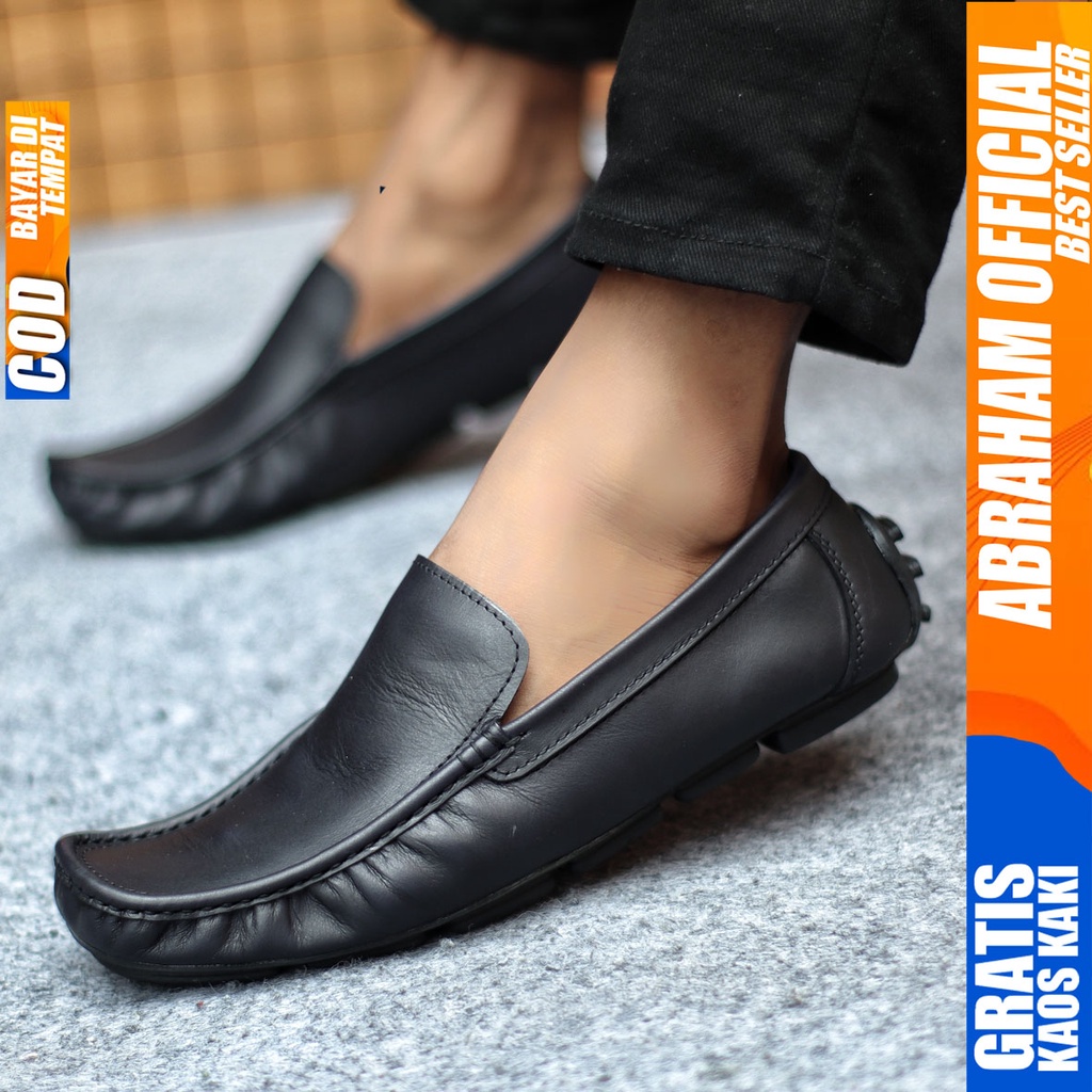 Sepatu Casual Pria Formal Slip On Pantofel Kulit Asli Kerja Kantor Kondangan Kuliah Hitam Fashion Shoes Terbaru Murah Kekinian Original GENIO ABRAHAM