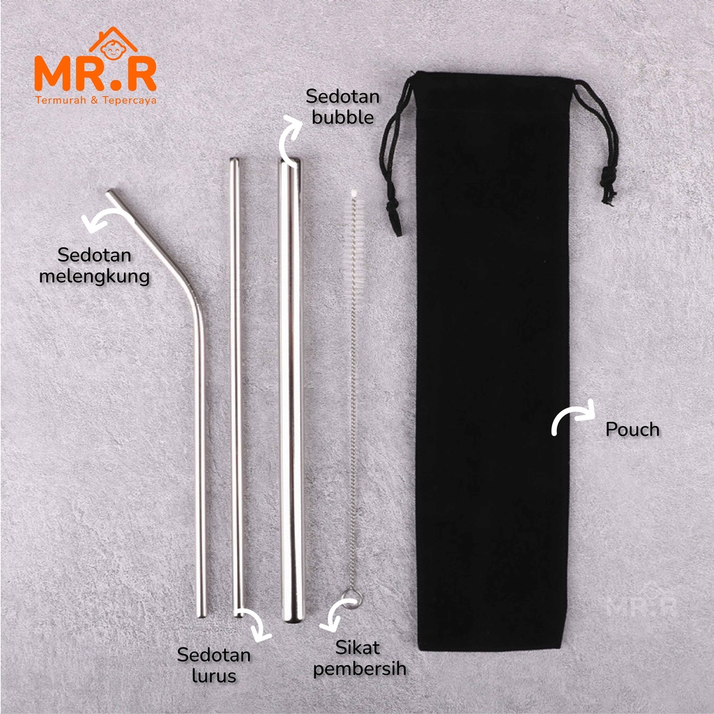 Sedotan Stainless Set 5 in 1 Sedotan Stenlis Steel Food Grade Reusable Straw Set Silver With Pouch