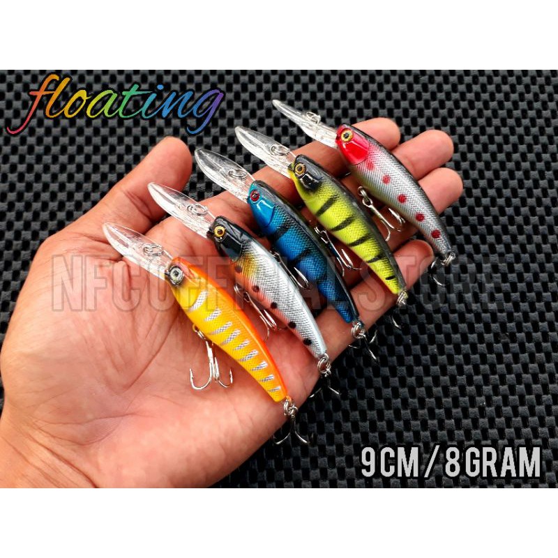 Lure minnow lidah panjang Floating Wobblers 9 cm / 8 gram BEST DESIGN dengan warna KILLER replika sotelo relix nusantara astuti