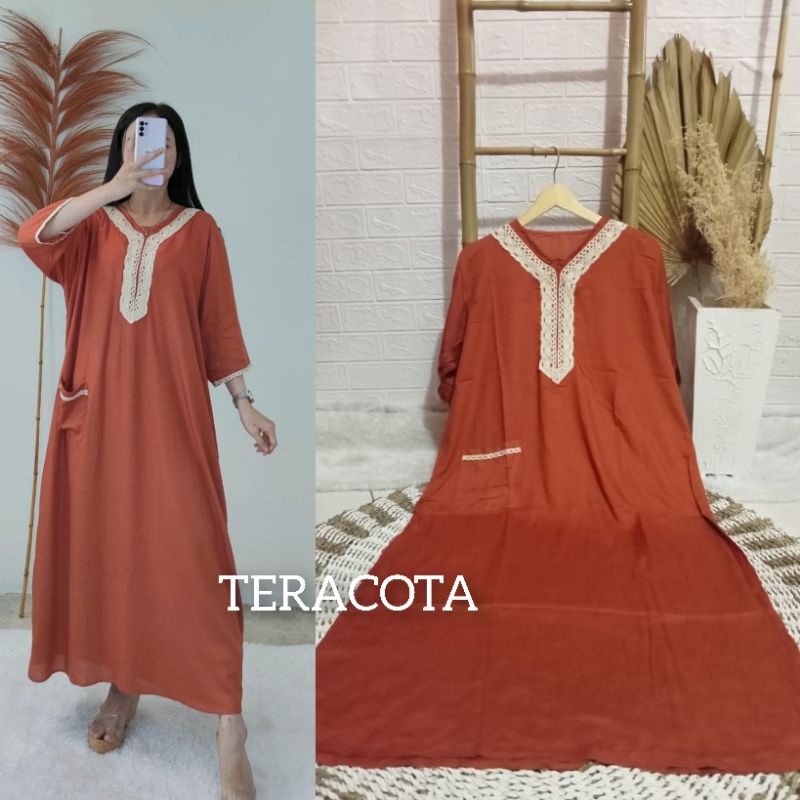 Daster BUSUI Arab Kekinian Tangan 3/4 (aisyah) / Daster Muslim Renda Jumbo LD 120 cm / Daster BUSUI /Daster kekinian /Daster Renda-TERACOTA