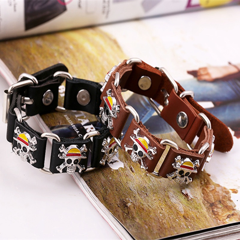 Japan Anime One Piece Luffy Pirate Logo Leather Bracelet Cosplay Punk Rock Sign Metal Men Bangle Goth Jewelry Bracelets Gifts