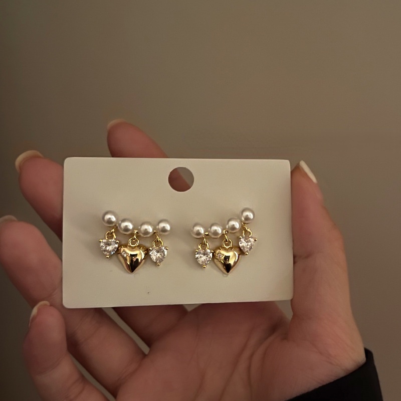 Anting Stud Panjang Desain Bunga Mutiara Silang Geometris Gaya Korea