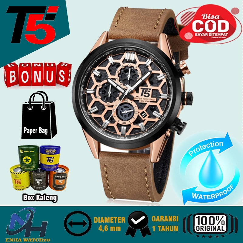 GARANSI 1 Tahun Jam Tangan Analog Kulit Pria Wanita T5 H 3737G Chronograp Aktif Tahan Air 30 M Anti 