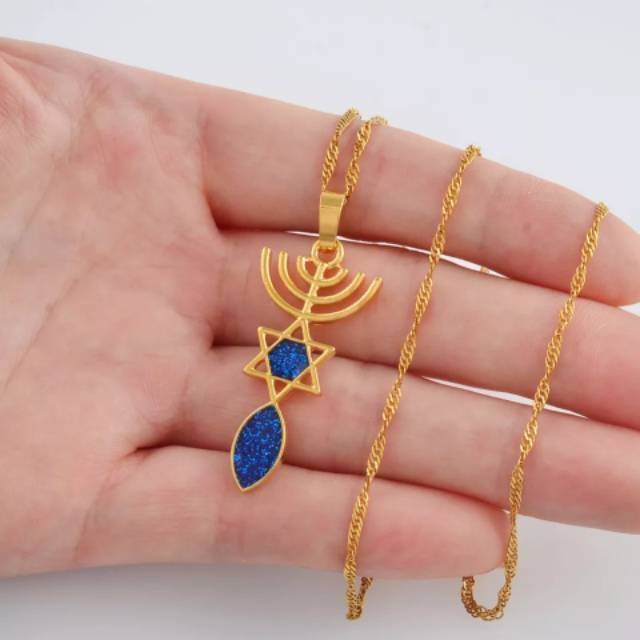 Kalung Menorah bintang daud ikan, messianic seal, blue and gold or silver