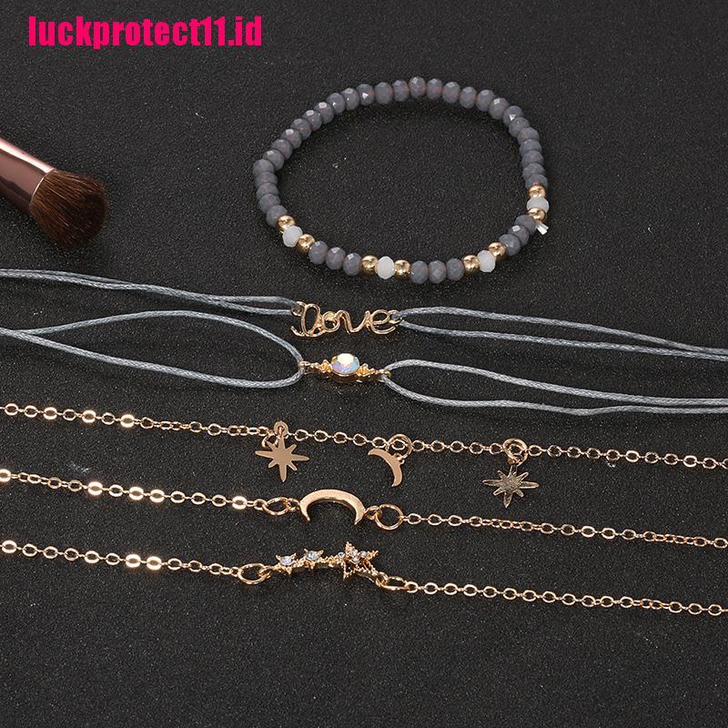 (LUCK) 6pcs / set Gelang Tangan Rantai Aksen Rumbai + Daun Gaya Bohemian Untuk Wanita