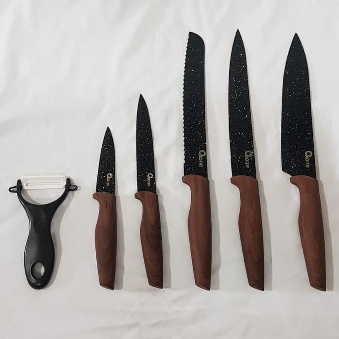 [ Denpoo ] Pisau Set DCS 55 - Black Marble Knife Set - Gagang Motif Kayu Termurah!!