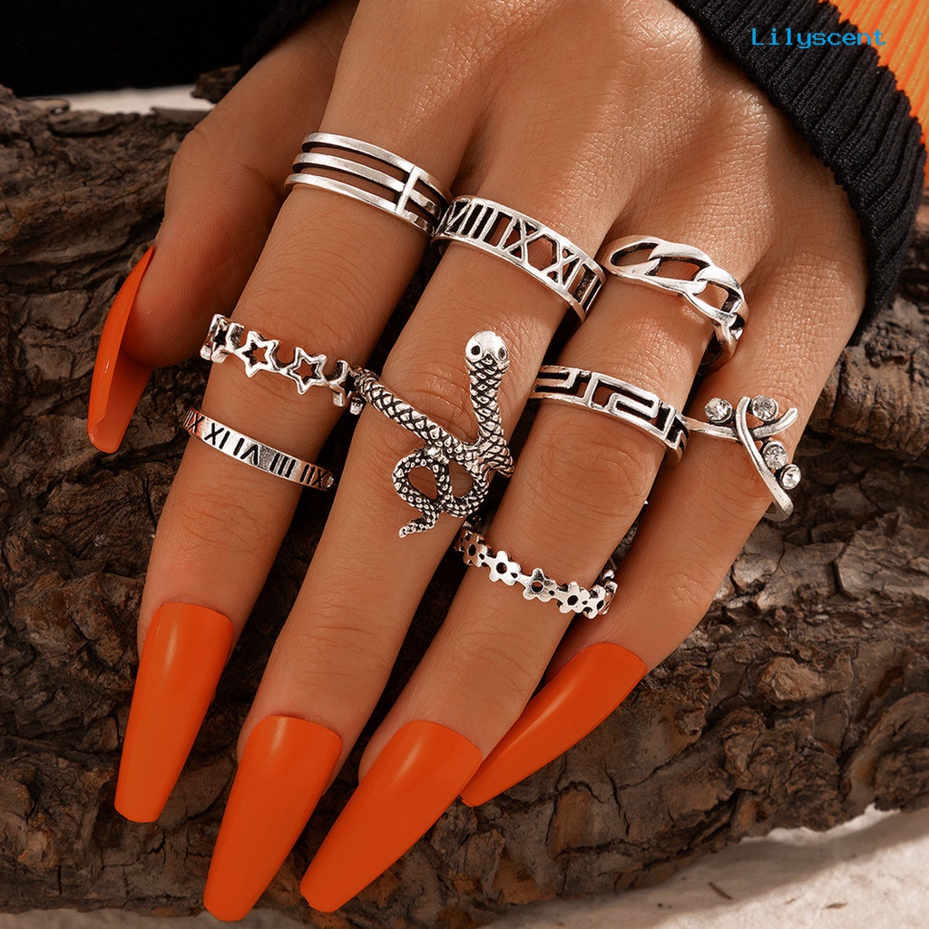 9 Pcs / Set Cincin Wanita Bentuk Ular Hollow Gaya Gothic Tahan Lama Untuk Outdoor