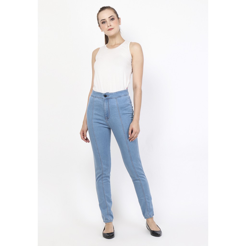 Dazina Highwaist Tulang Front Line Jeans Celana HW Ice Blue Wanita