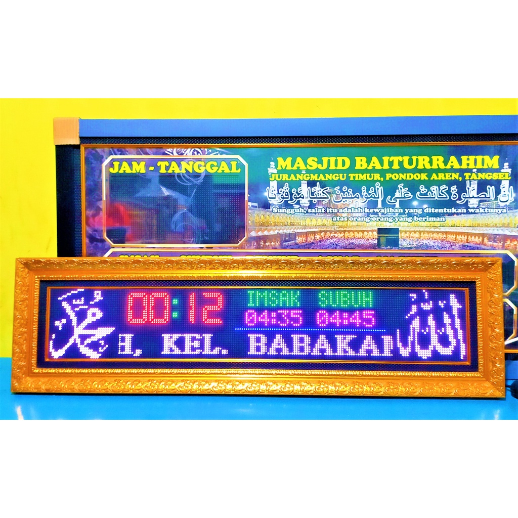 Hiasan Dinding Running Text Jam Digital Jadwal Sholat Masjid Full Colour Ukuran 30x110 cm