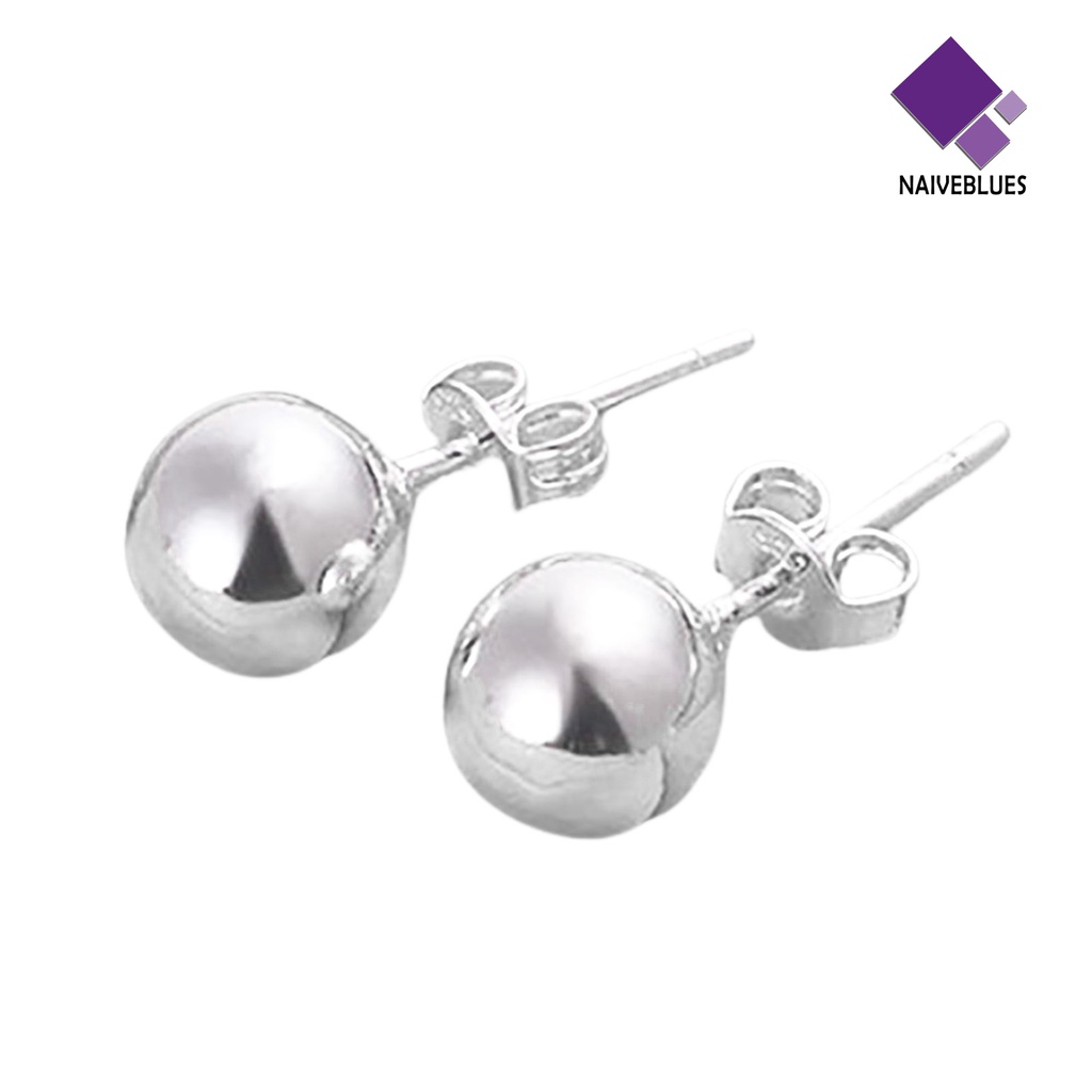 1 Pasang Anting Stud Bentuk Bola Bulat Bahan Baja Warna Silver Untuk Wanita