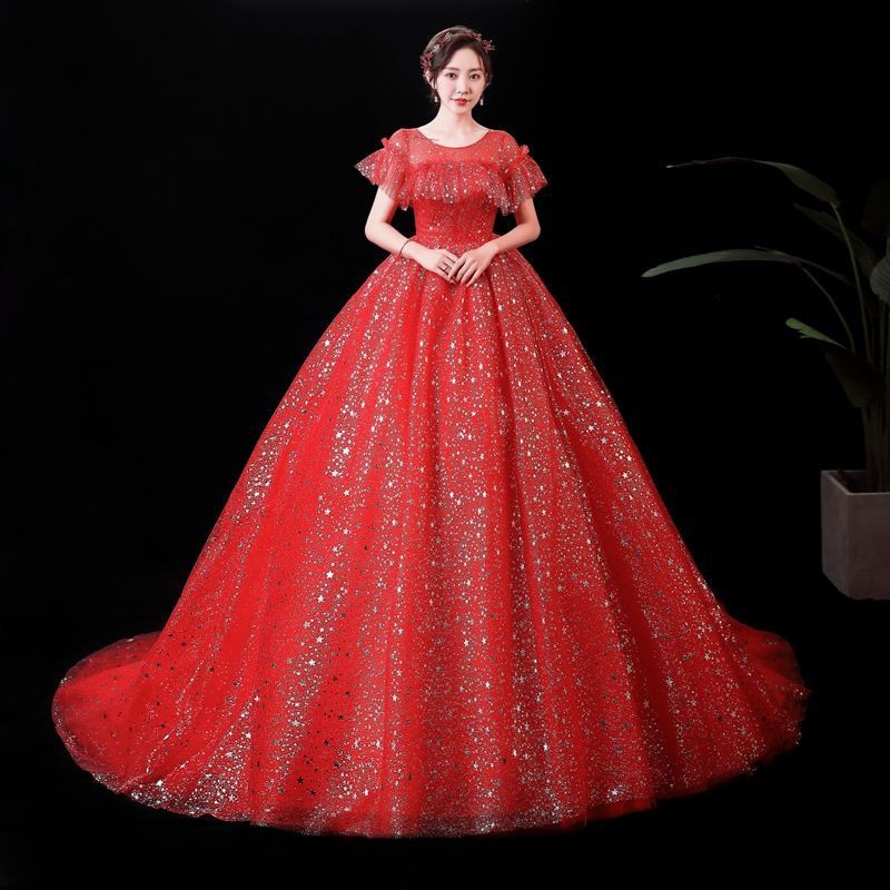 154 Red Bling BLing Short Sleeve Long Tail Women Bridal Wedding Gown Dress