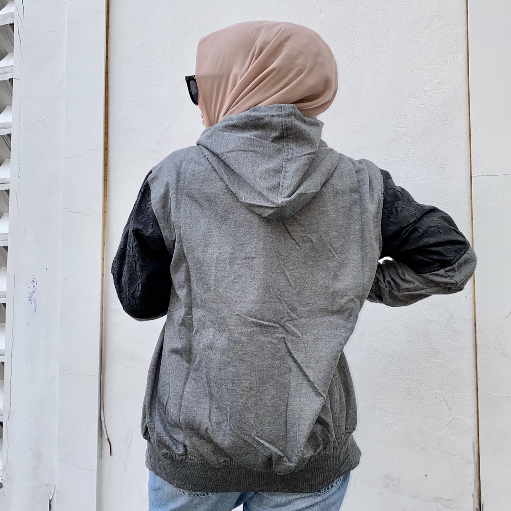 Jaket Sweater Zipper Bordir Kombinasi Qwilting ABU TUA BLDS